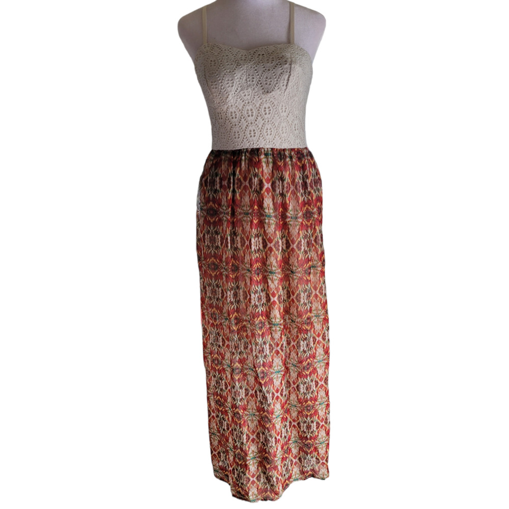 LILY ROSE Embroidered White Eyelet Lace Colorful Boho Bohemian Long Dress Sz. S